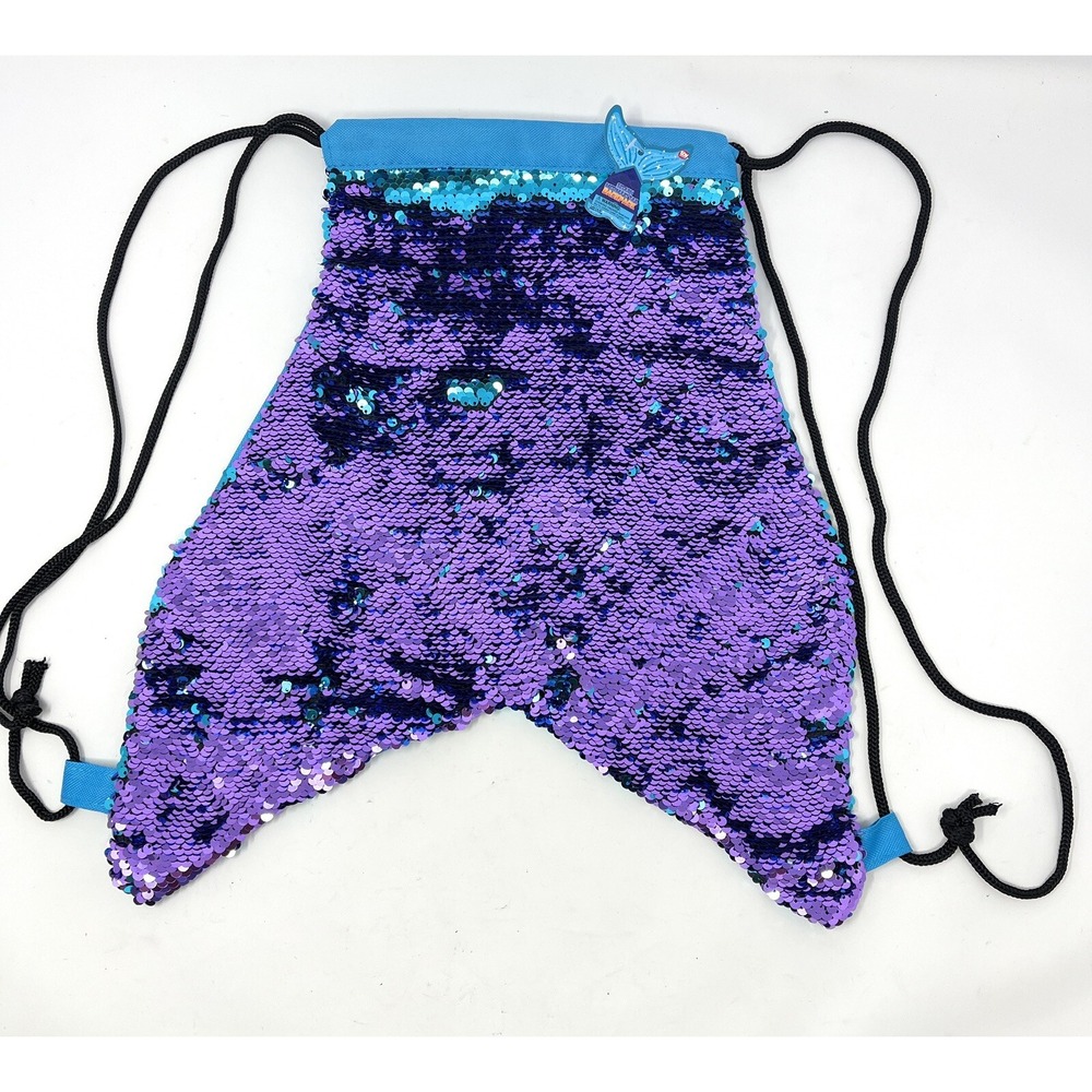 Sequin‎ Mermaid Tail Drawstring Backpack Blue - Picture 2 of 4
